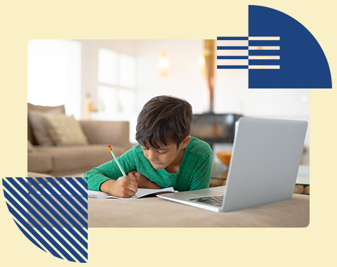 boy studying at home with laptop and notebook surrounded by a cozy environment focus on learning and creativity