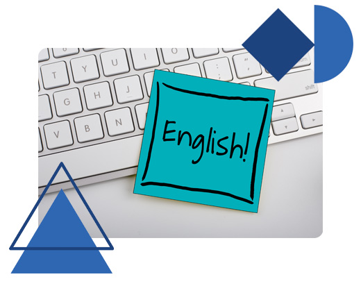 sticky note with English text on a keyboard and abstract shapes representing learning and language skills 2 important concepts