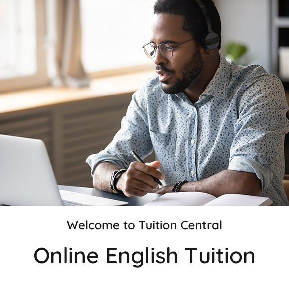 mobile header showing a woman with the text Welcome To Tuition Central - Online English Tuition